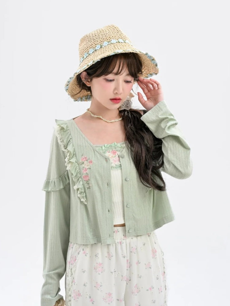 Floral Embellished Cami Top Embroidery Bowknots White Cropped