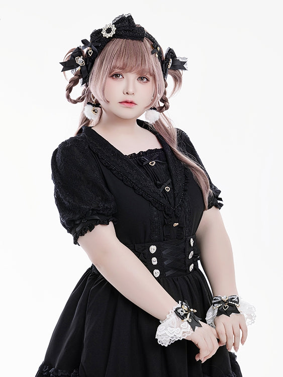 Jirai Kei Matrosenkragen, schwarze Bluse mit Strasssteinen, kurzen Ärmeln, herzförmiger Schleife und Verzierungen