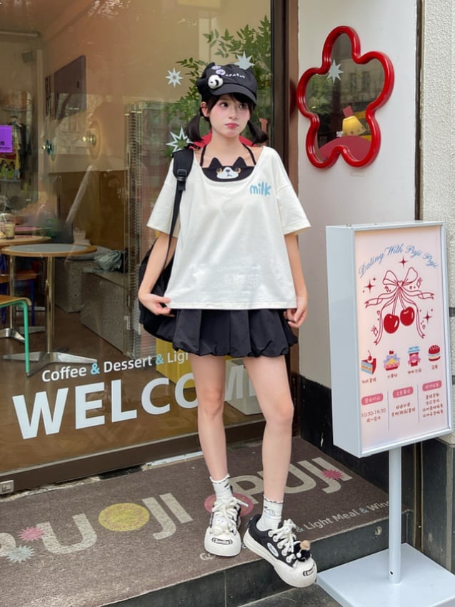 Black Elastic Waist Kitty Bubble Skirt Print