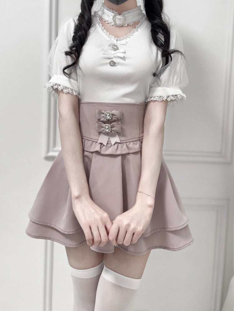 Pink Corset Waist Double-Layered Skirt with Detachable Bowknots Dusty Kei Jirai