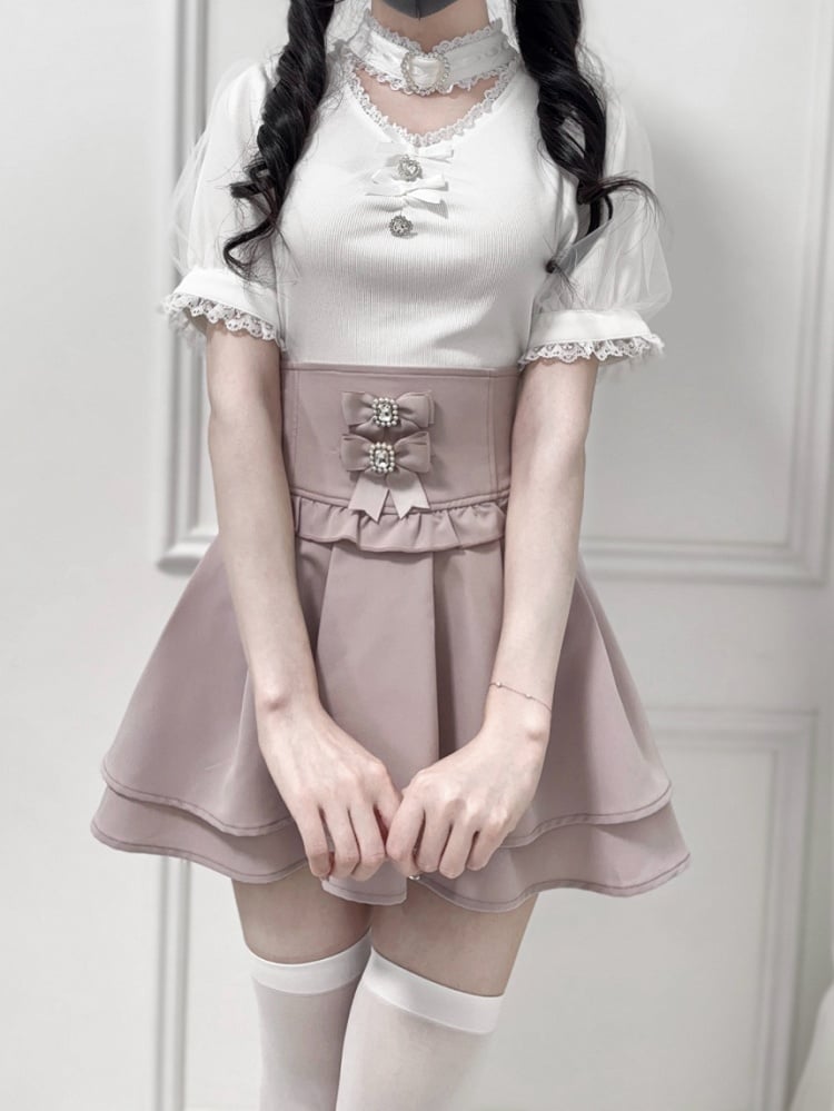 Jirai Kei Blouse Decoration Choker Design White Bowknot and Rhinestone