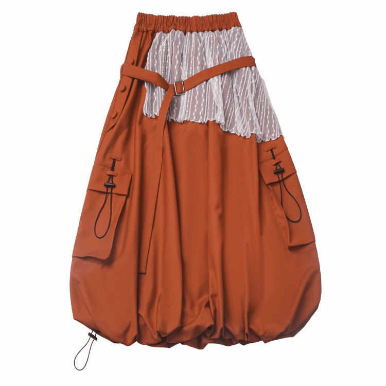 Orange Elastic Waist Drawstring Hem Cargo Pockets Long Bubble Skirt
