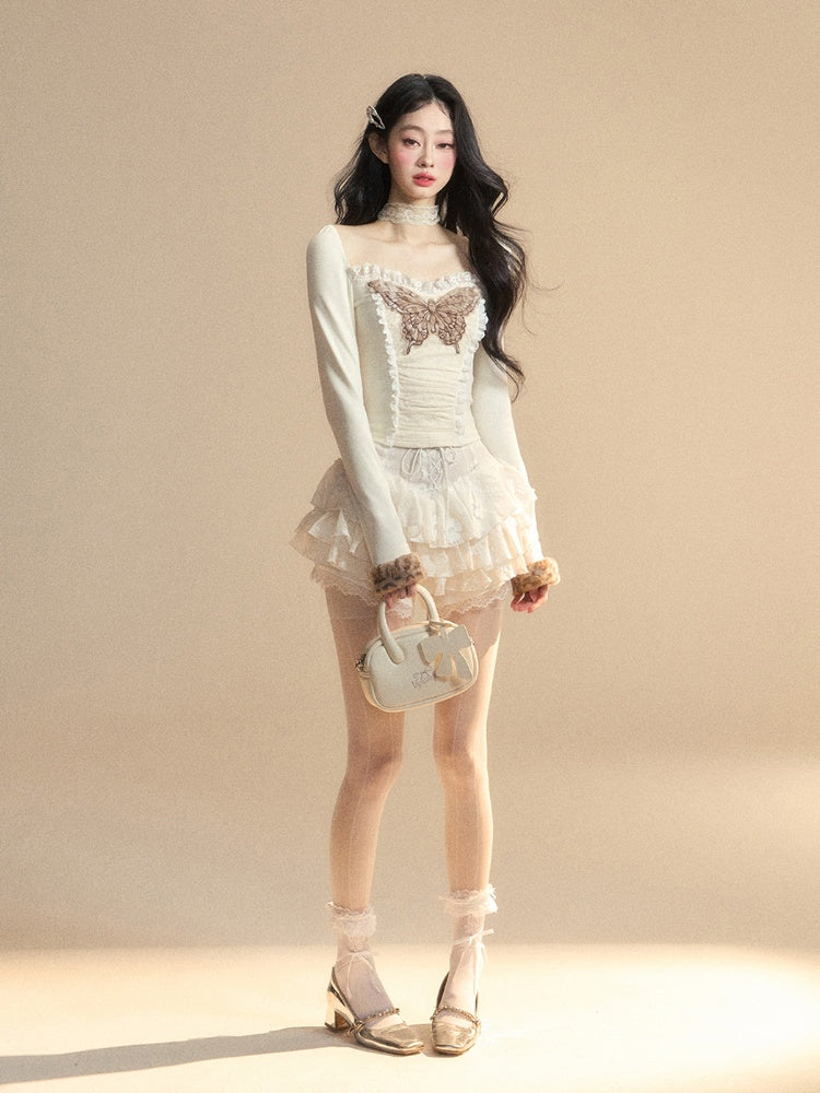 Apricot Lace Butterfly Embroidered Plush Cuff Glamorous Top Knitted Trim