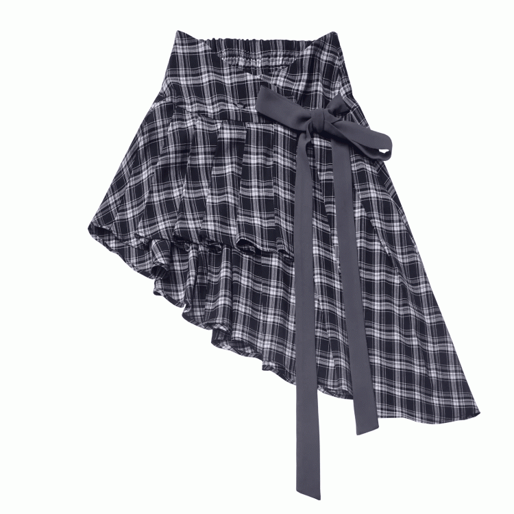 Plaid Skirt with Self-Tie Strap Black and White Asymmetrical Flounce Hem