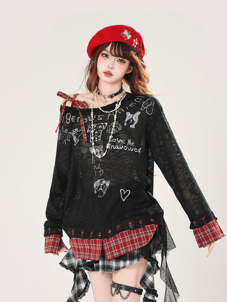 Asymmetrical Neckline Puppy Print Beige/Black Plaid Hem