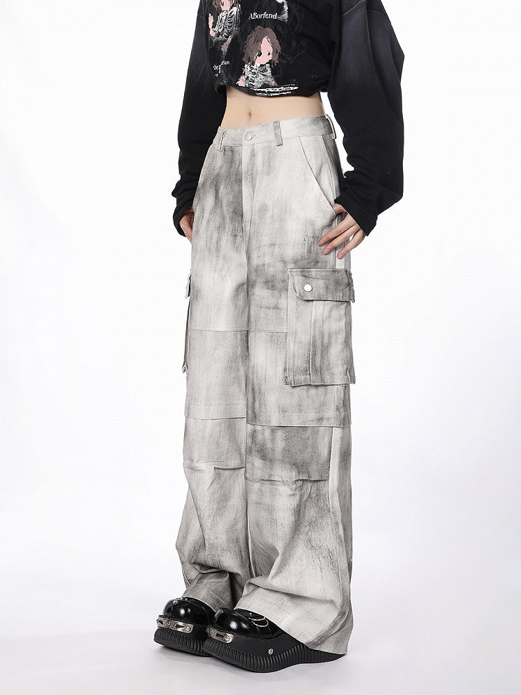 Cargo Wide-Leg Jeans with Utility Pockets White Gray Tie-Dye