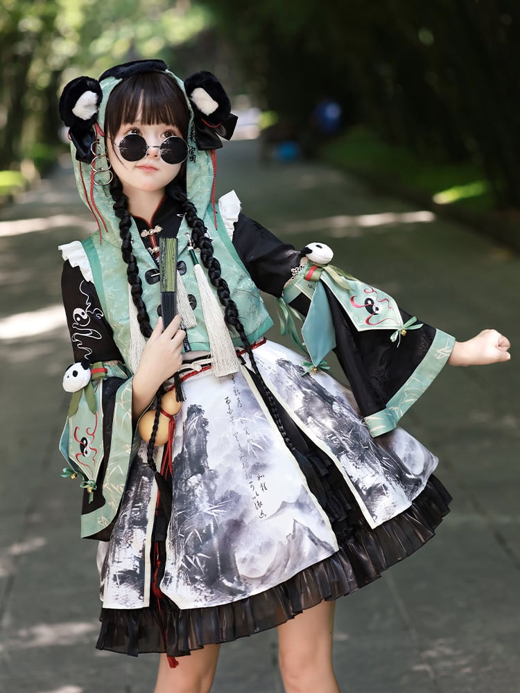 Ear with Panda-Embroidered Mint Hooded Cropped Vest and Accents Green Tassels Plush