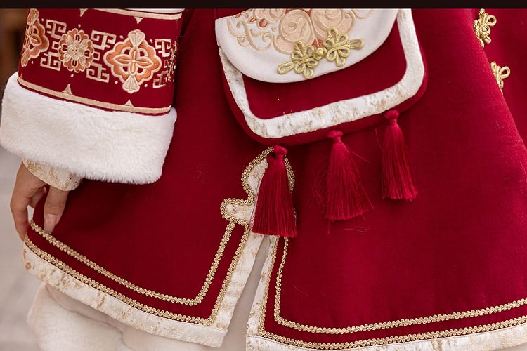 Red New Year Knot Buttons Banded Collar Lolita Dress Vest Tassels Crossbody Bag Full Set