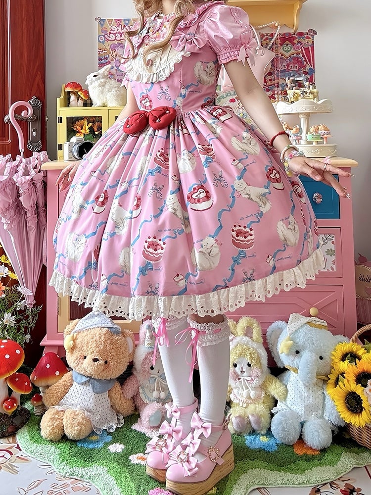 Kitty Cake Fashion Dress Sweet and Showa Pink Lolita Print Cherry
