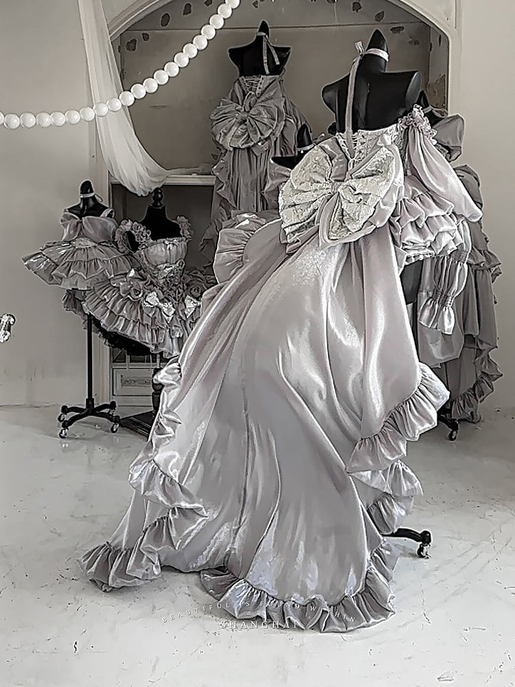 + Lace-up Balletcore Top Full Set Big Sleeves Skirt Train Bow Corset Silvery