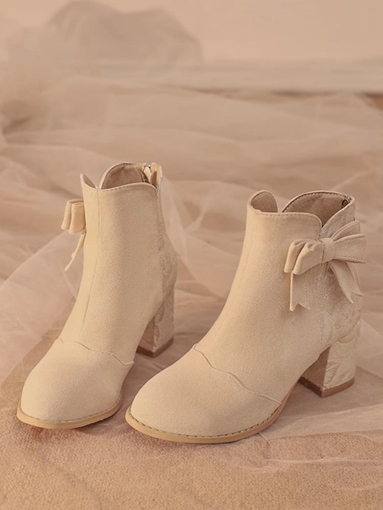 Verschlüsse Block und 6,5 cm Schleife Wildleder mit Rückseite - Akzent Beige Stiefel Satin-Version Ferse Reißverschluss Normal/Dicke Kombination