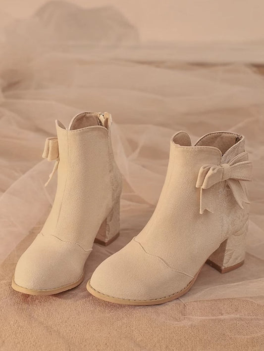 Verschlüsse Block und 6,5 cm Schleife Wildleder mit Rückseite - Akzent Beige Stiefel Satin-Version Ferse Reißverschluss Normal/Dicke Kombination