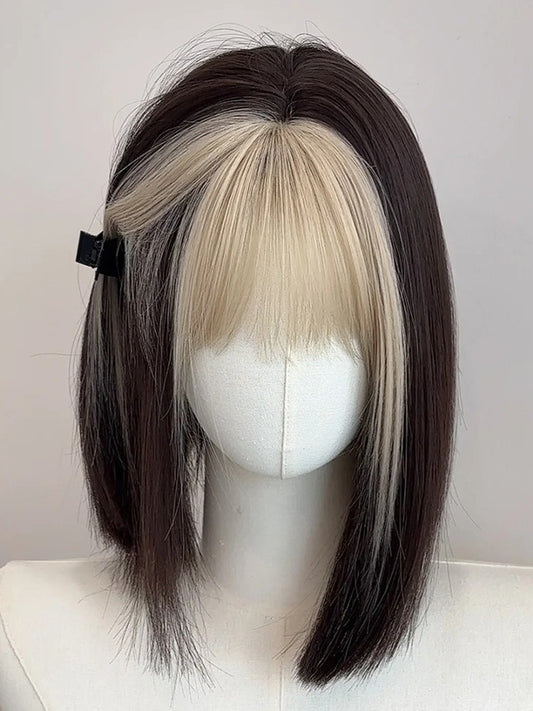 Black Shoulder Length Straight Synthetic Wig With Blonde Bangs