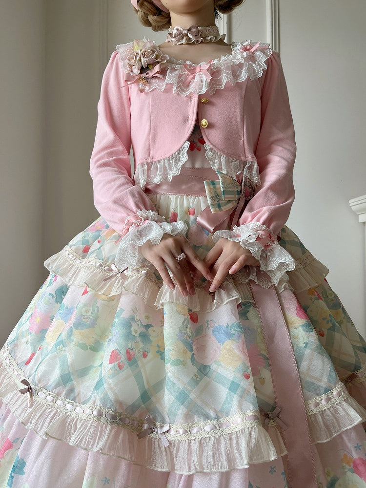 Cropped Pink Cardigan Triple with Edging Lace Bow-Detailed Cute Design