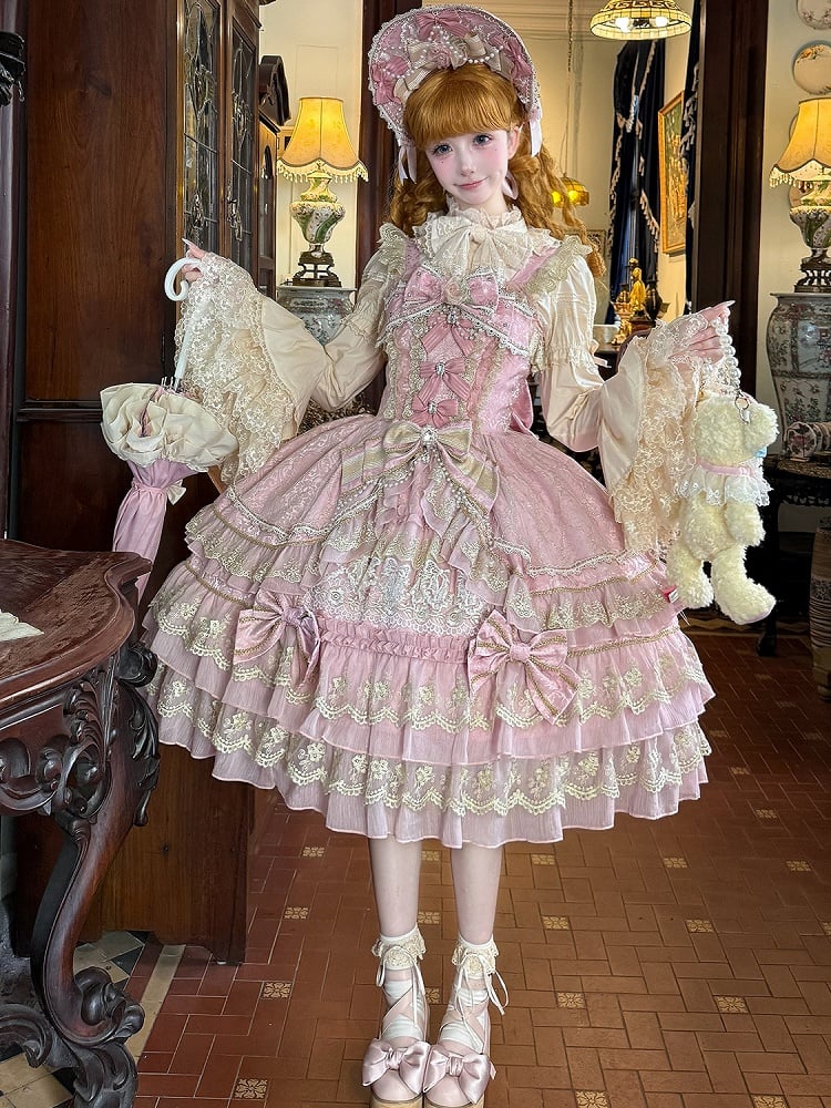 Bow Chain Bead Neckline Pink Lolita Dress Princess Flower Gorgeous