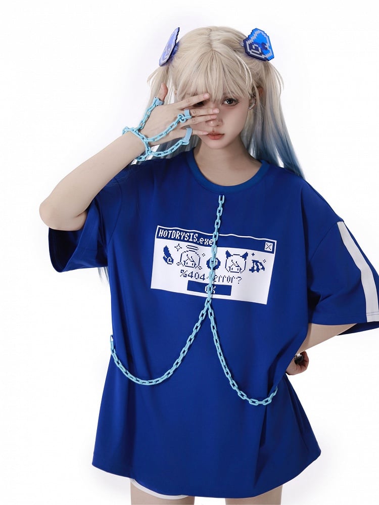 und Pixel-Charaktere Print Kettendesign Jirai Kei T-Shirt Blau Weiß mit Armband Ringfinger