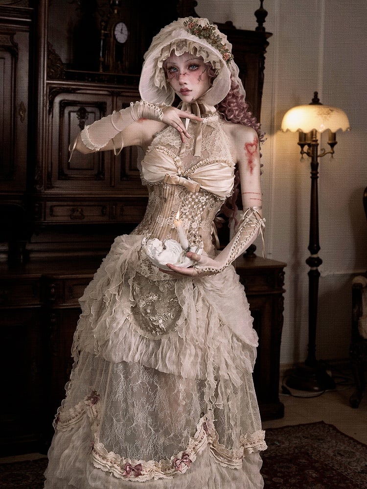 Neck Rococo Top Accents Cascading Detachable Illusion Ruffle Halter Corset with Lace