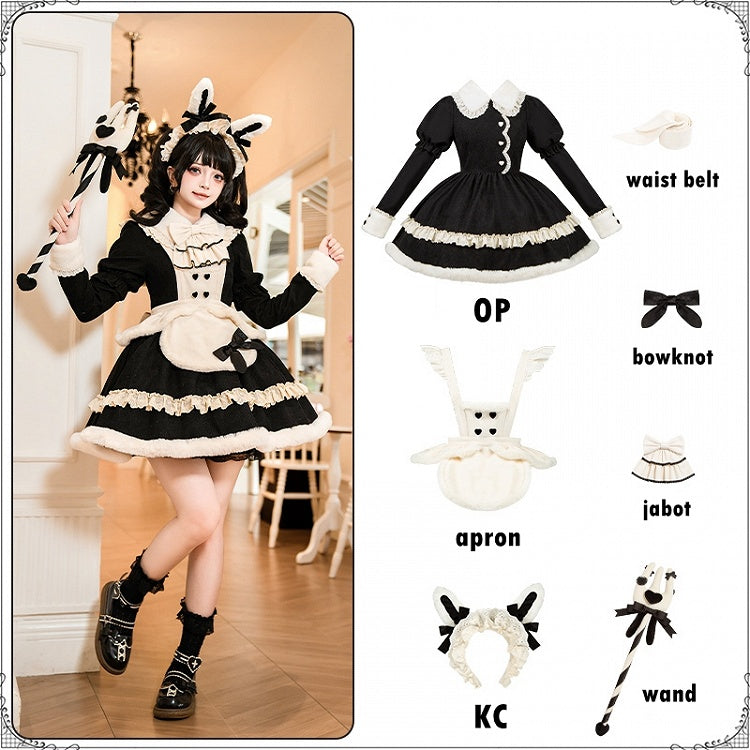 Schwarzes, langärmliges Plüsch-Kragen und Manschetten, süßes Lolita-OP-Komplettset