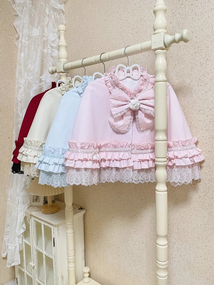 and Red Wine Beige Ruffle / Blue Accent Lace Cape Pink
