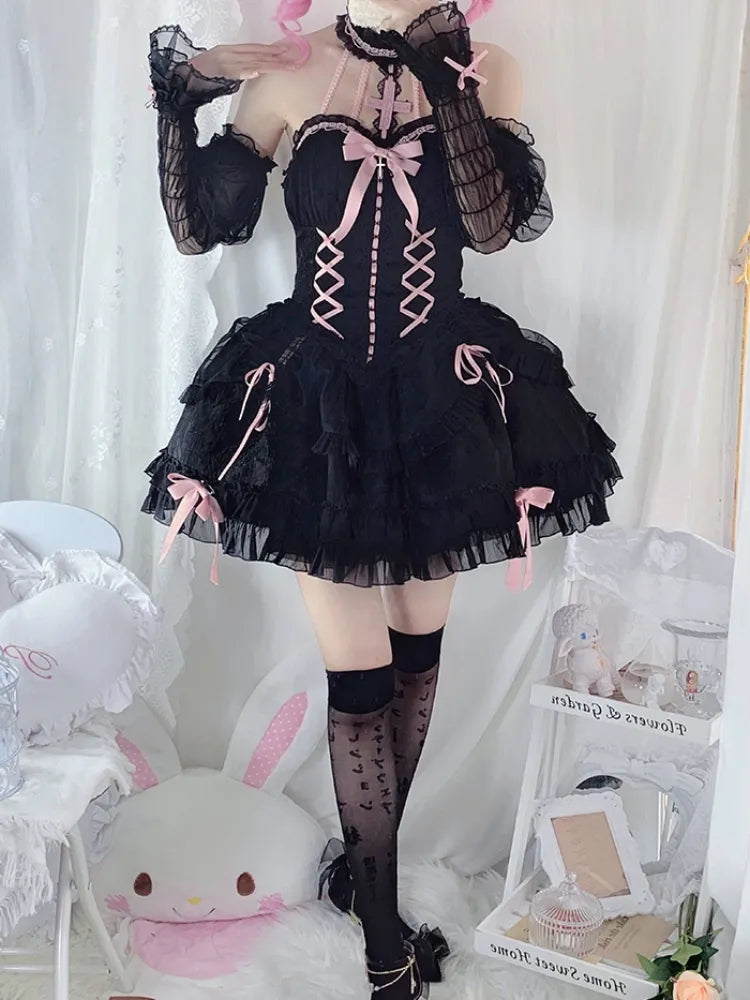 Cross Belle Black and Pink Halter Neck Corset Dress Balletcore Lolita JSK