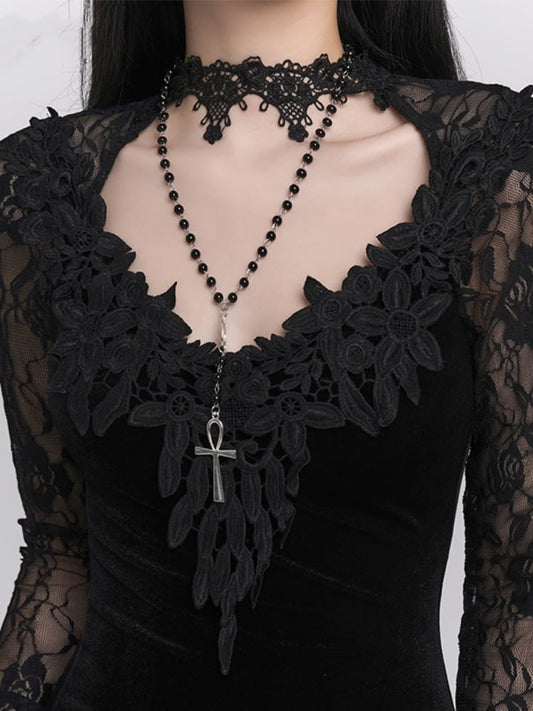 ゴシックブラッククロスペンダントビーズネックレス