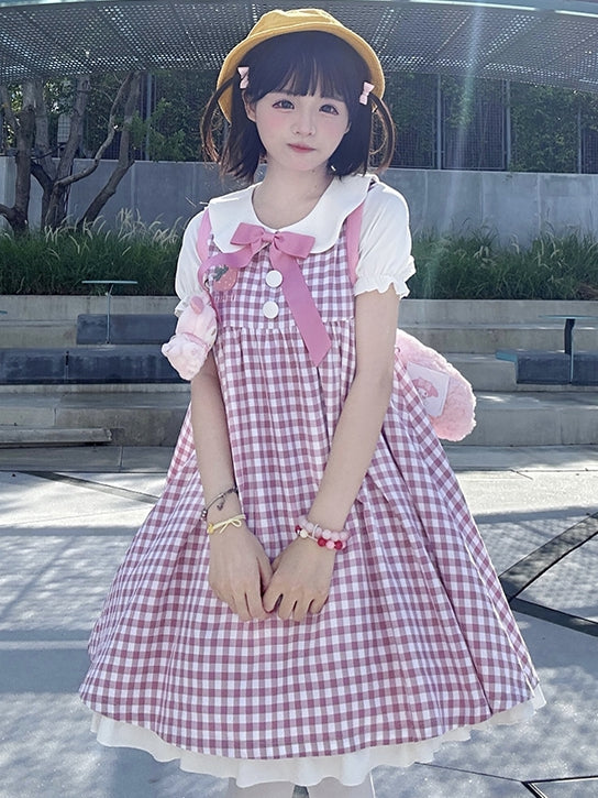 Pink Strawberry Peter Pan Collar Plaid Short Puff Sleeves Dress