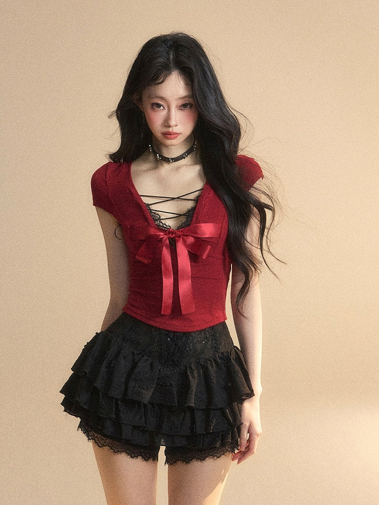 Red Lace Big Bow Slim-fitting Back T-Shirt Trim V-Neck Cutout