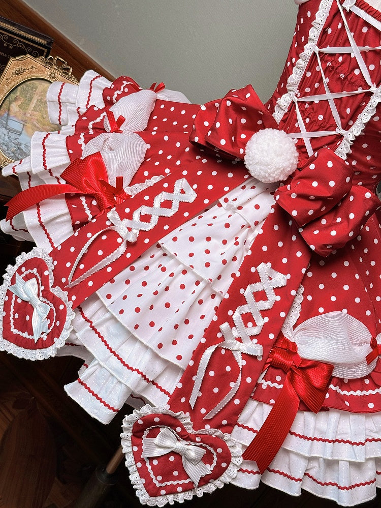 und Puffkleid mit gepunkteten Ärmeln, Schul-Polka-Lolita-Ausschnitt mit altroten Akzenten, Neckholder-Schleife