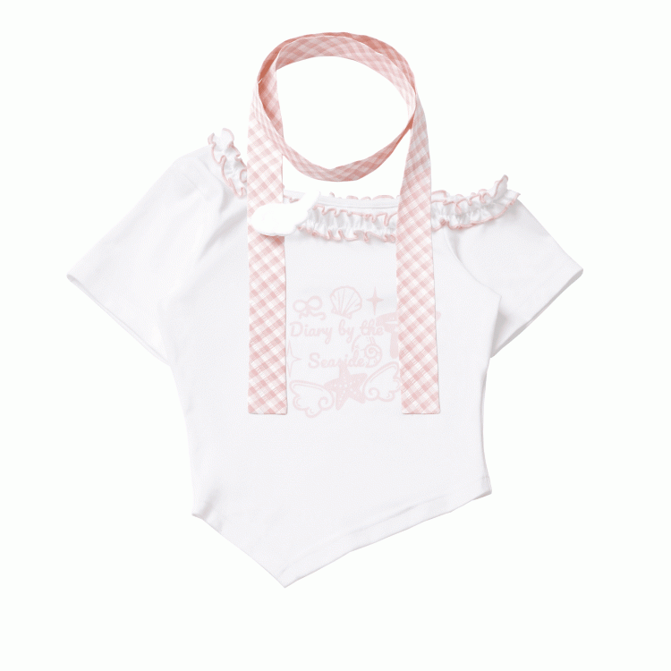 Blau mit Schal, kariertes Rosa/Baby-T-Shirt mit Seestern- und Muschel-Print und Rüschen am asymmetrischen Ausschnitt