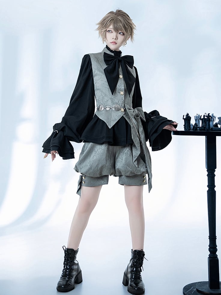 Banded Collar Prince Waistcoat Gray Ouji Jacquard