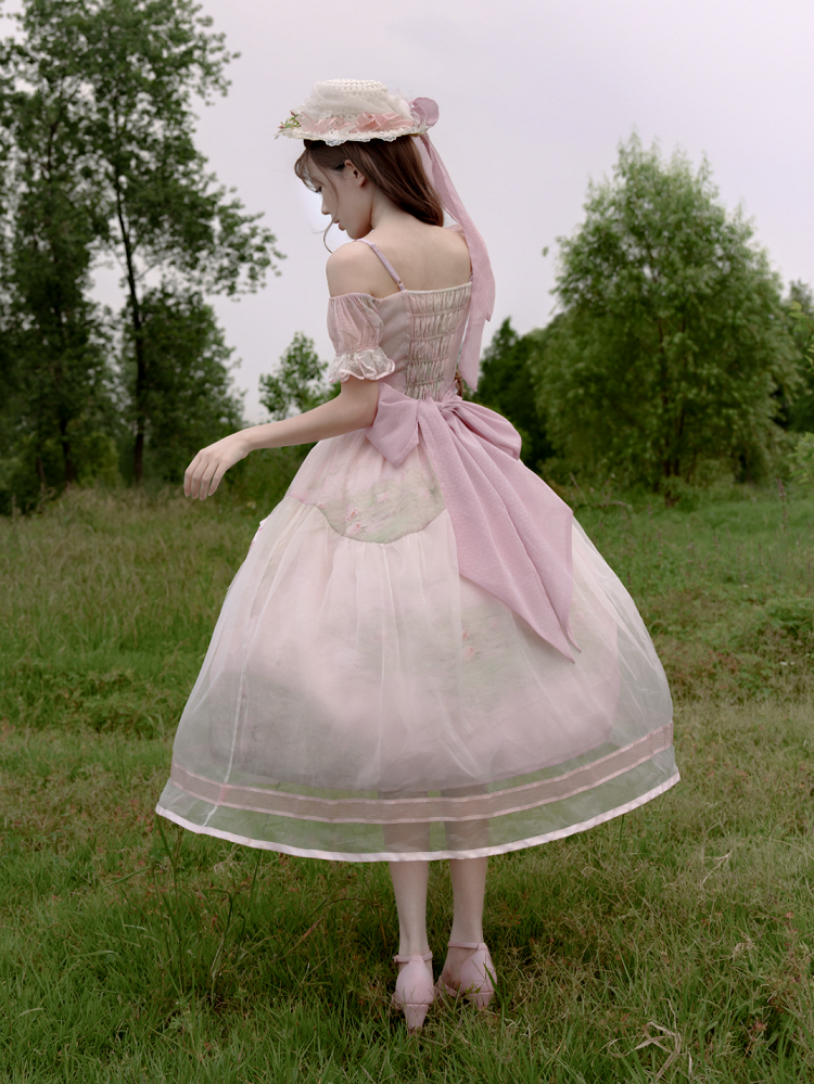 Painting Dress with Organza Overlay Oil Pink Water Lily Print Basque Waist Light