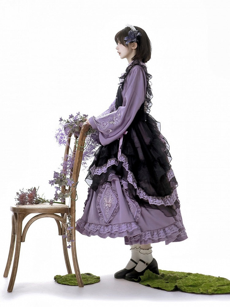 Delicate Butterfly Apron Lolita Dress Black Set Purple Han and Embroidery Full Floral +