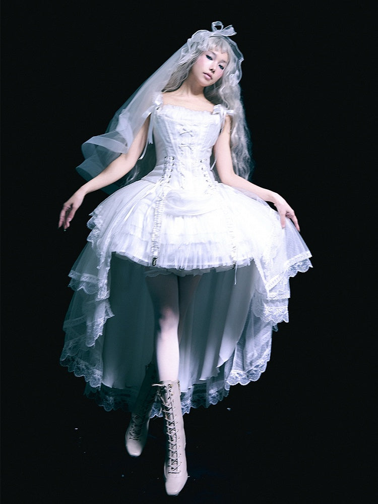 White Lace-up Details Boned Corset Top + High-low Layered Lolita Skirt