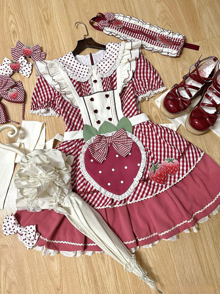Dress with Plaid Lolita Collar Peter Pattern Strawberry Pan Sweet Pink Apron