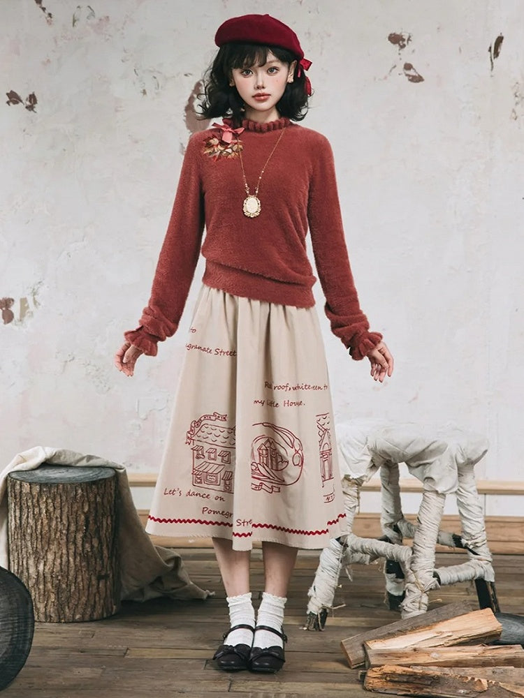 Leaf Embroidery Maple on Red Autumn Top Bowknot Brick Cuffs Knit Neckline