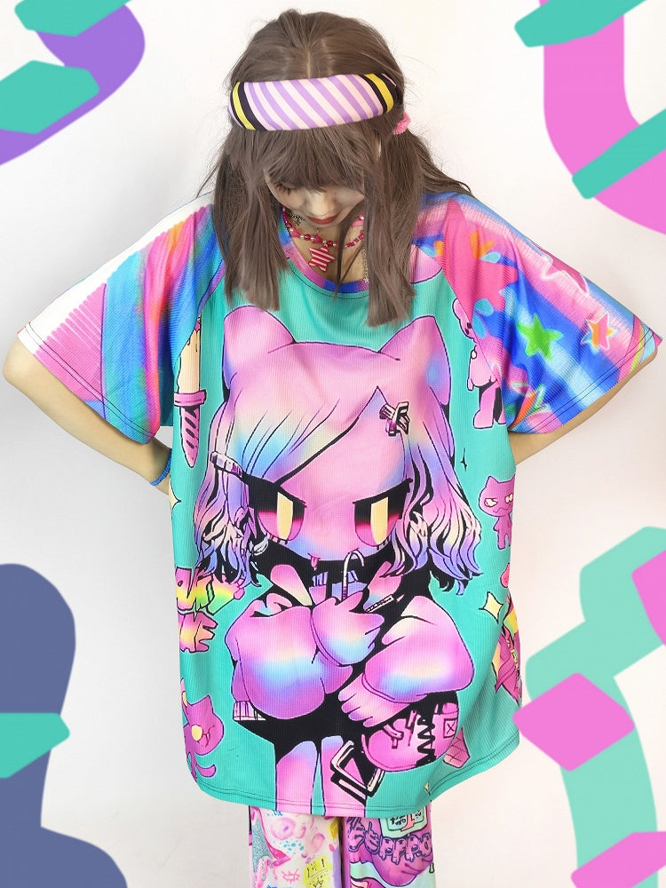 Gyaru Colorful Cartoon Short Striped Fashion Pattern Print Sleeve T-Shirt