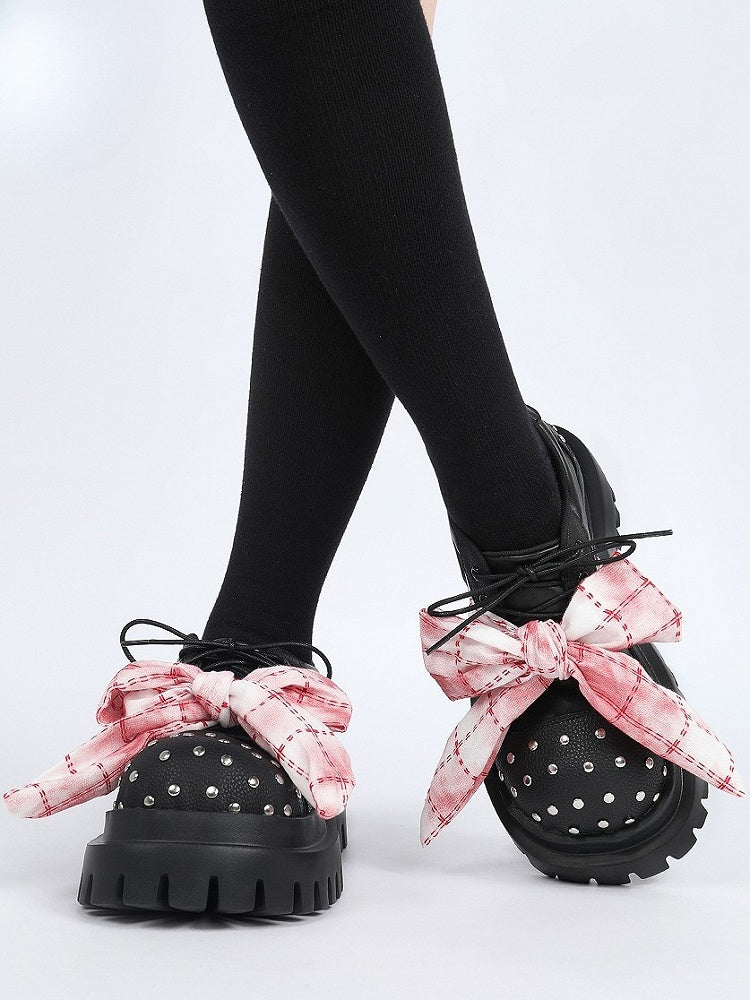 Bow Accent Studs Red Rock Plaid - Punk Black Platforms Silver Knotted Details