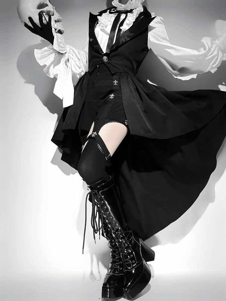 Black Blazer Lolita Prince Ouji Waistcoat Cascading Ruffle Collar Tailed