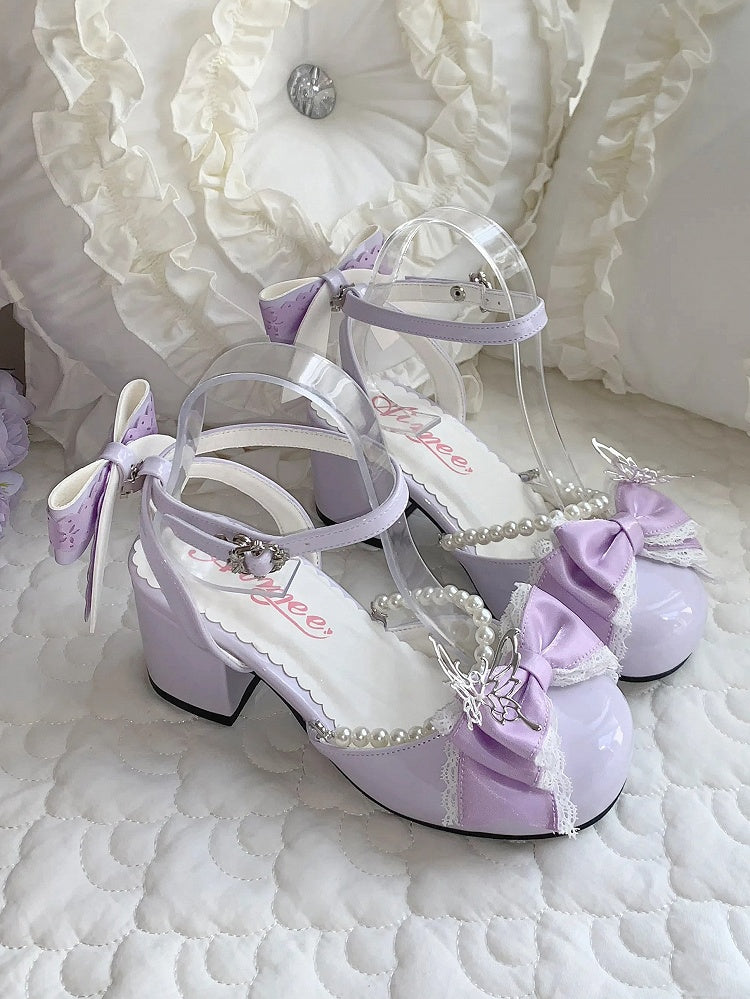 Mary Lolita Heels 6CM Accent Janes und Schleife Kettenblock Lila Perle Süß Abnehmbar