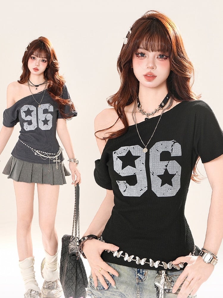 Blue Black/Dusty Asymmetrical Neckline Number Print T-Shirt