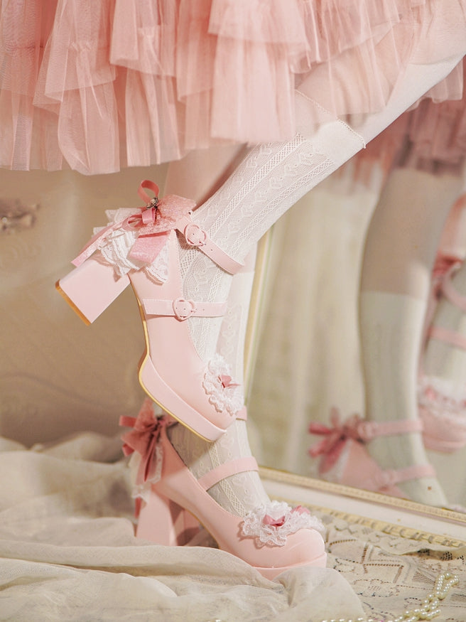 Rosa High Trim Lace Heels Herz Top Schleife an Block Schnallen geknotet