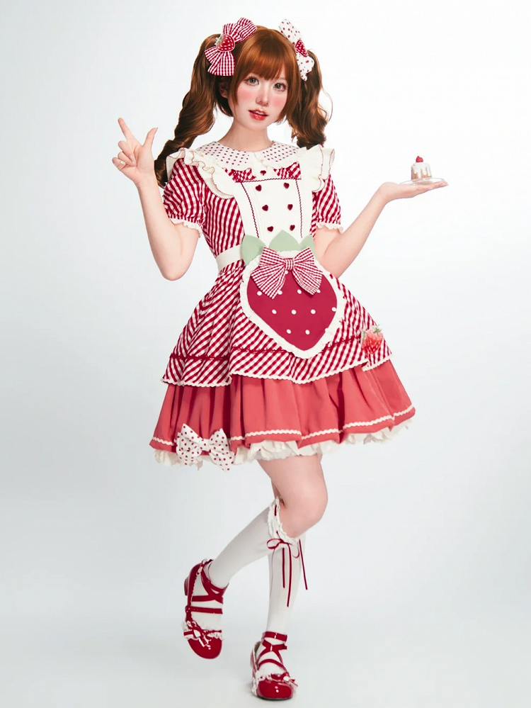 Dress with Plaid Lolita Collar Peter Pattern Strawberry Pan Sweet Pink Apron