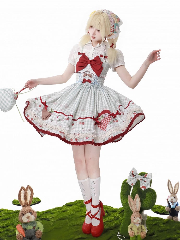 Cherry Dress Print Blue Lolita Sweet Jumper Skirt Red Gingham