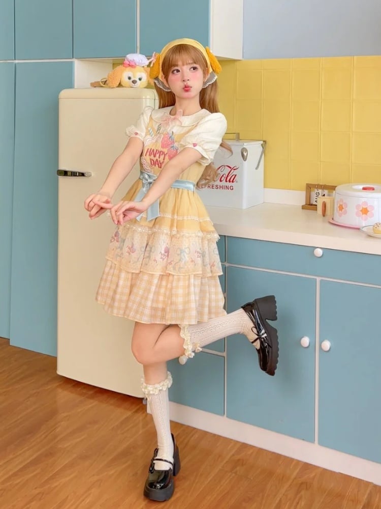 Strawberry Cake Embroidery Bow Creamy Yellow Tiered Lolita Dress Sweet Skirt Big