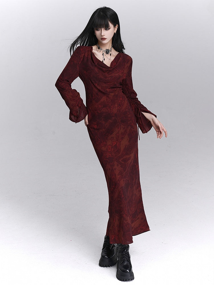 Herbst mit Gothic-Knöchellangem Kleid, verstellbare Meerjungfrau-Manschetten mit roten Bändern