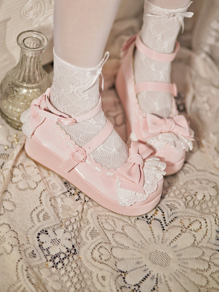 Top Heart Platforms Buckles at Bow Baby Pink Trim Lace