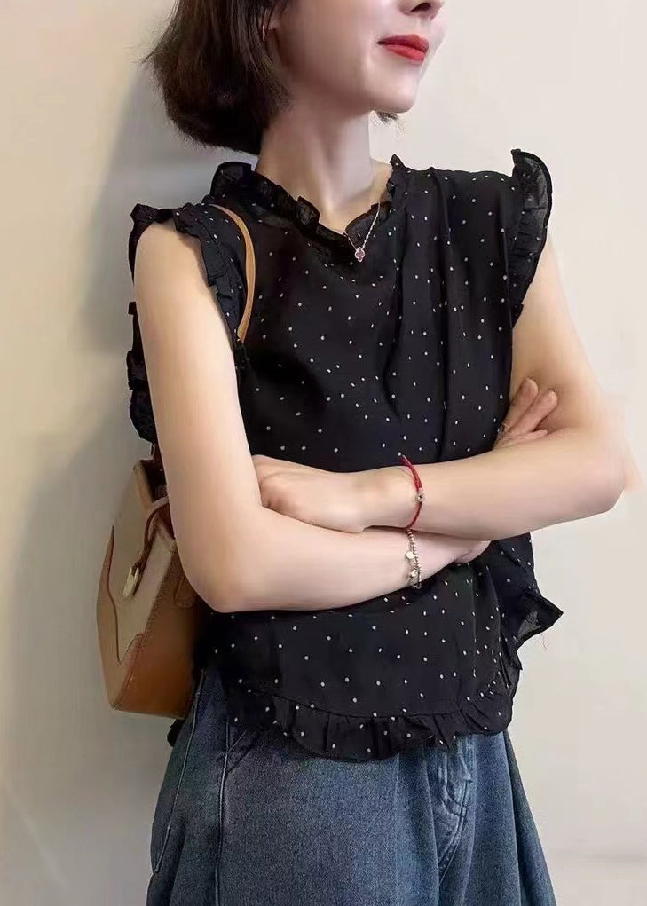 Ärmelloses Dot Westen Schwarz Chiffon Rüschen Druck Schöne