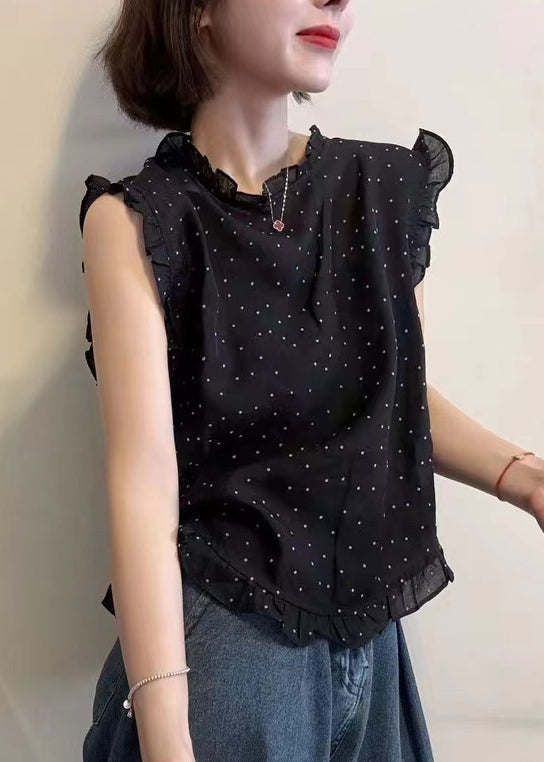 Ärmelloses Dot Westen Schwarz Chiffon Rüschen Druck Schöne