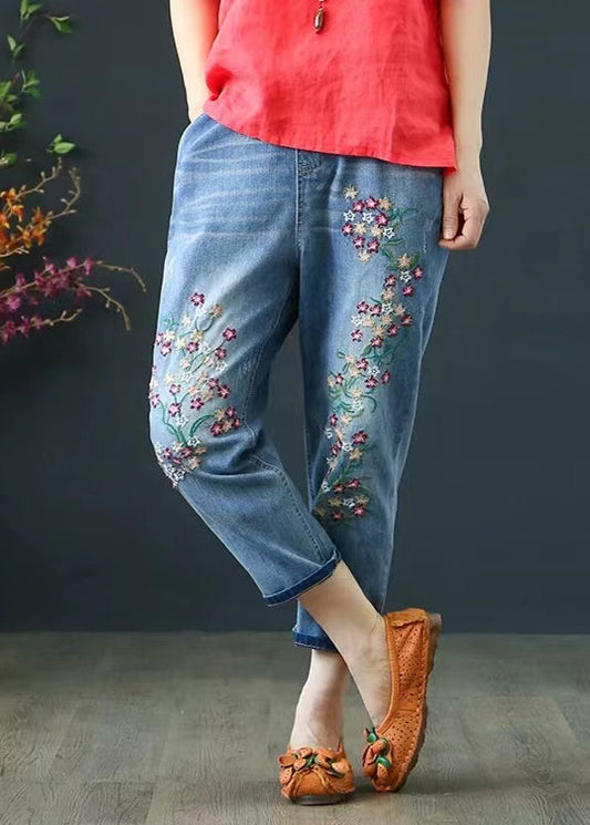 Denim Blue Boho Summer Pants Embroidered Crop