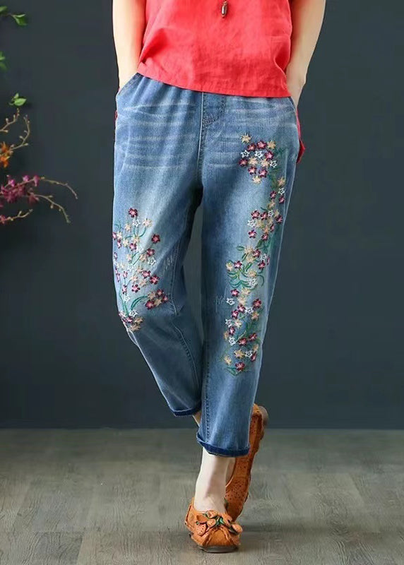 Jeansblaue Boho Sommerhose Bestickte Crop